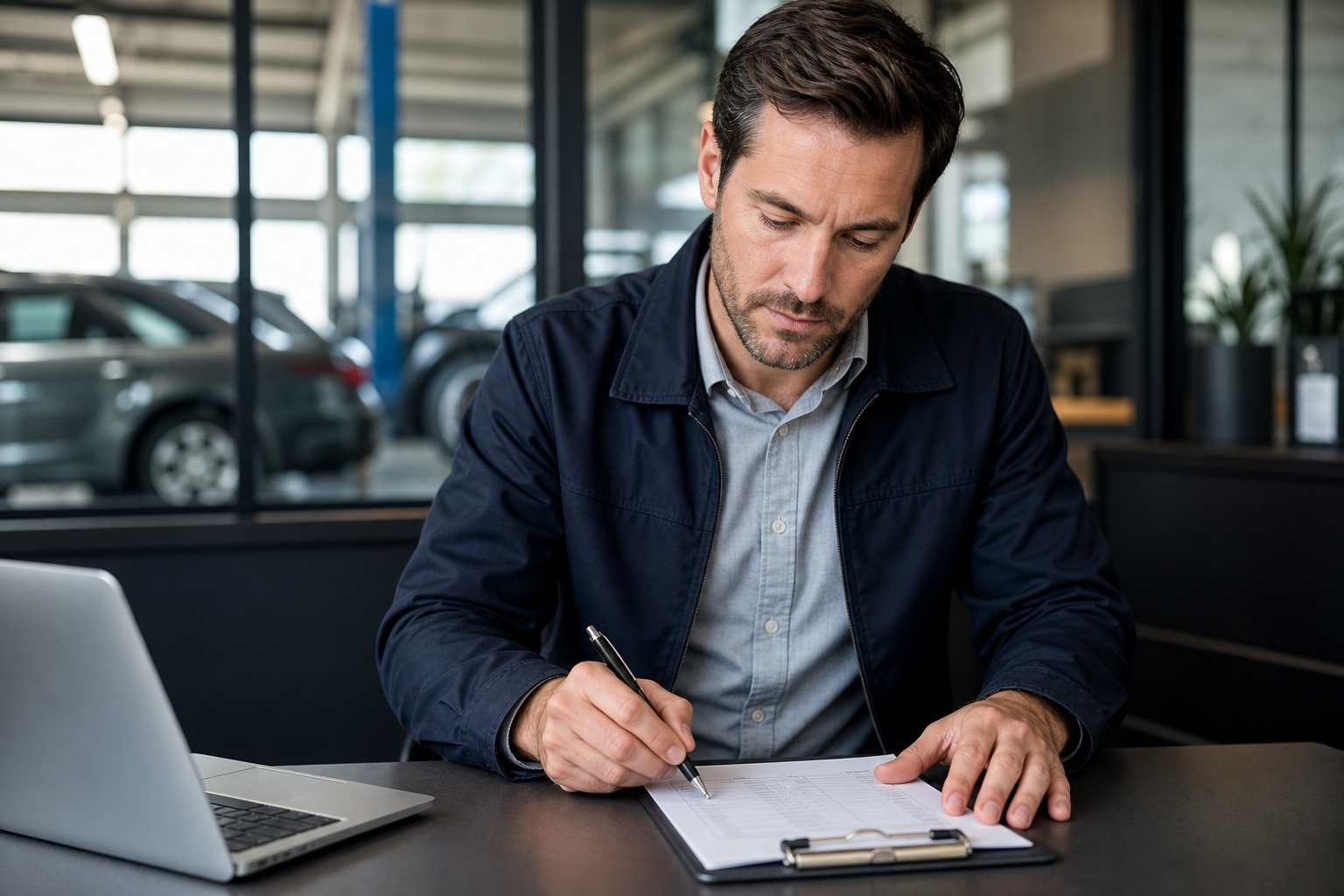 Profissional revisando checklist automotivo
